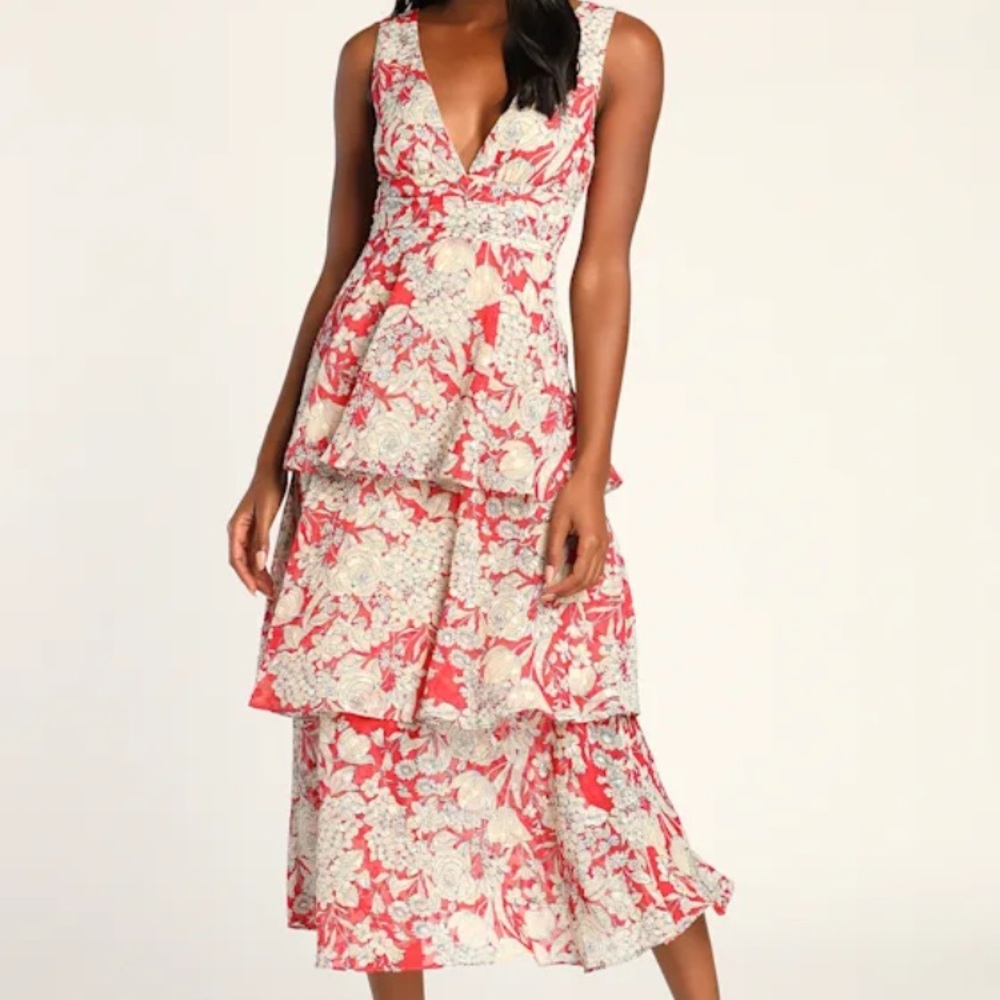 Lulus Tier Comes the Sun Red Floral Print Tiered Midi Dress